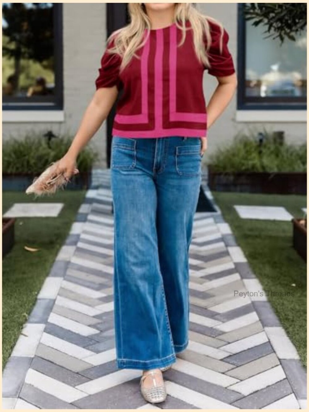 Women's Puff Sleeve Striped Color Block Cropped Blouse - Picture 5 of 7